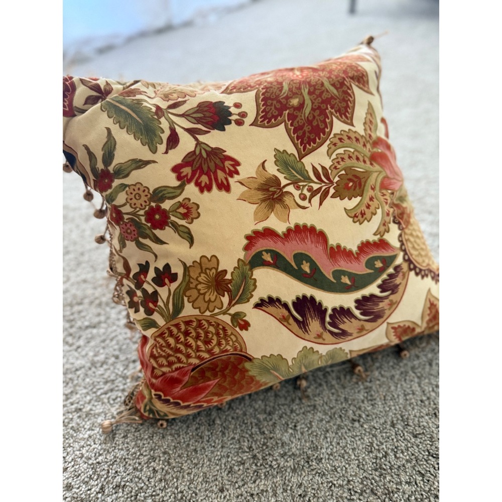 Pier 1 Floral Throw Pillow accent Decorative Gold Damask Ball Fringe 18"